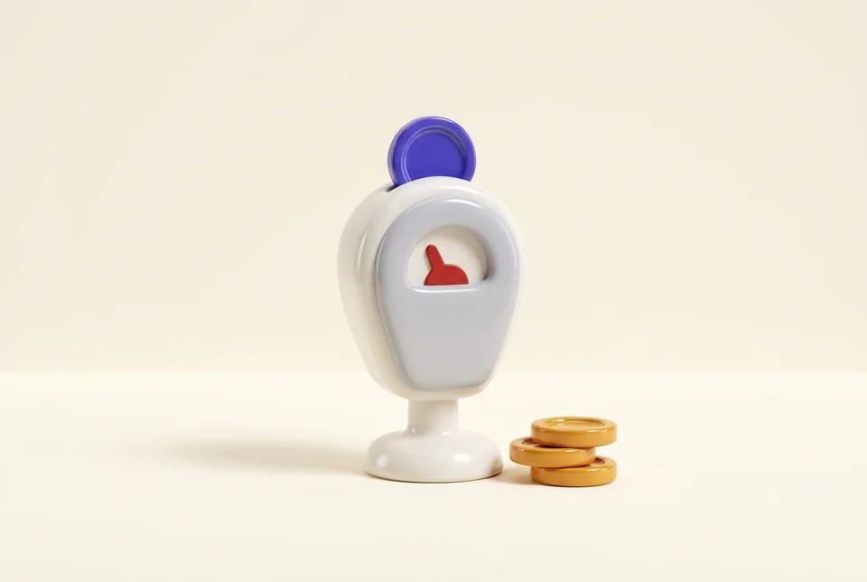 A coin-operated meter showing empty, with a stack of coins beside it