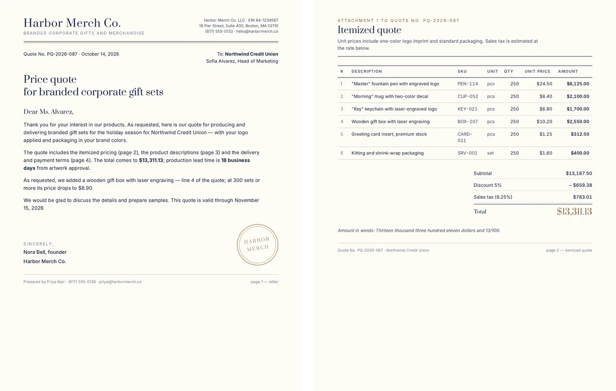 Price quote — branded merchandise — first two pages of the Letter PDF