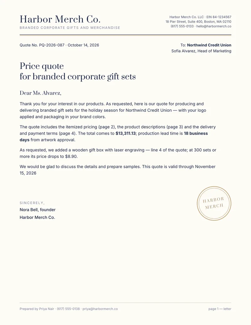 Price quote — branded merchandise — A supplier’s quote as a letter on letterhead: itemized pricing, tax, product cards and terms.