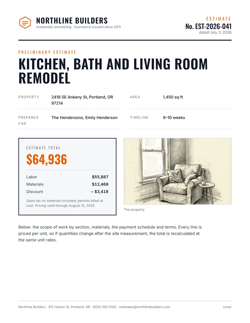 Renovation estimate — A remodel estimate as an engineering form: labor and materials tables, payment schedule, approval.