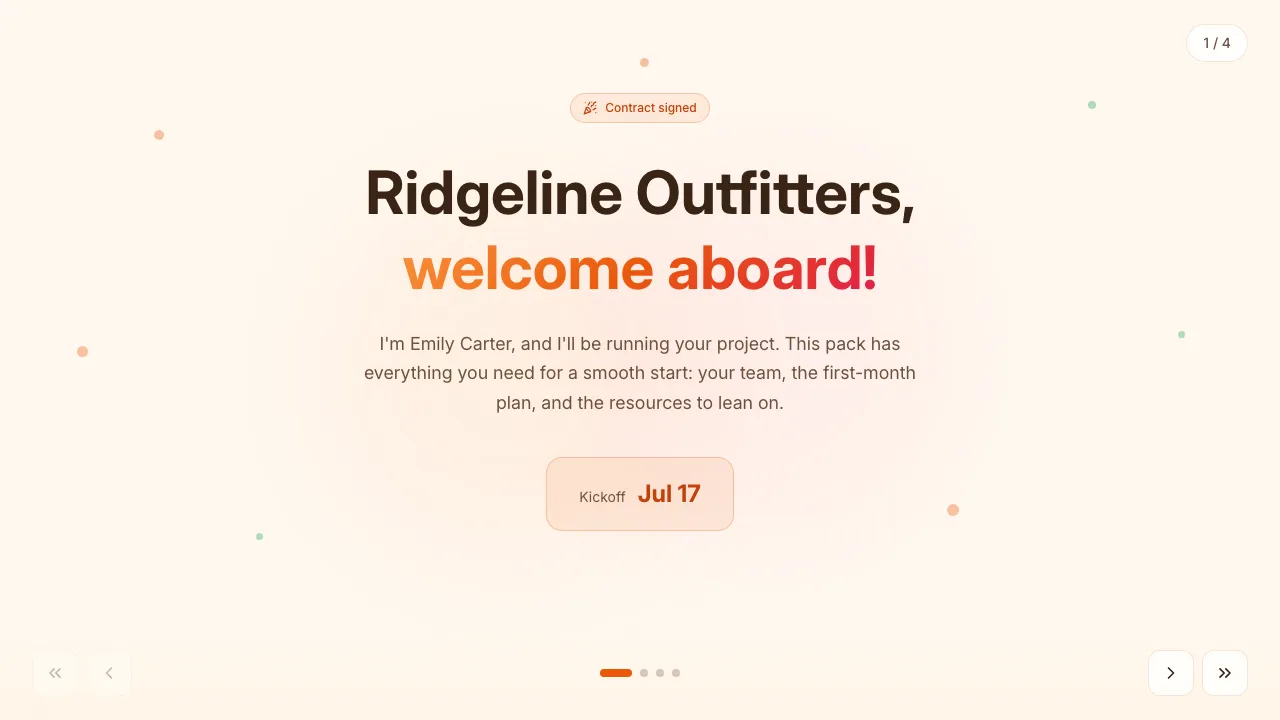 New-client welcome pack — live example preview