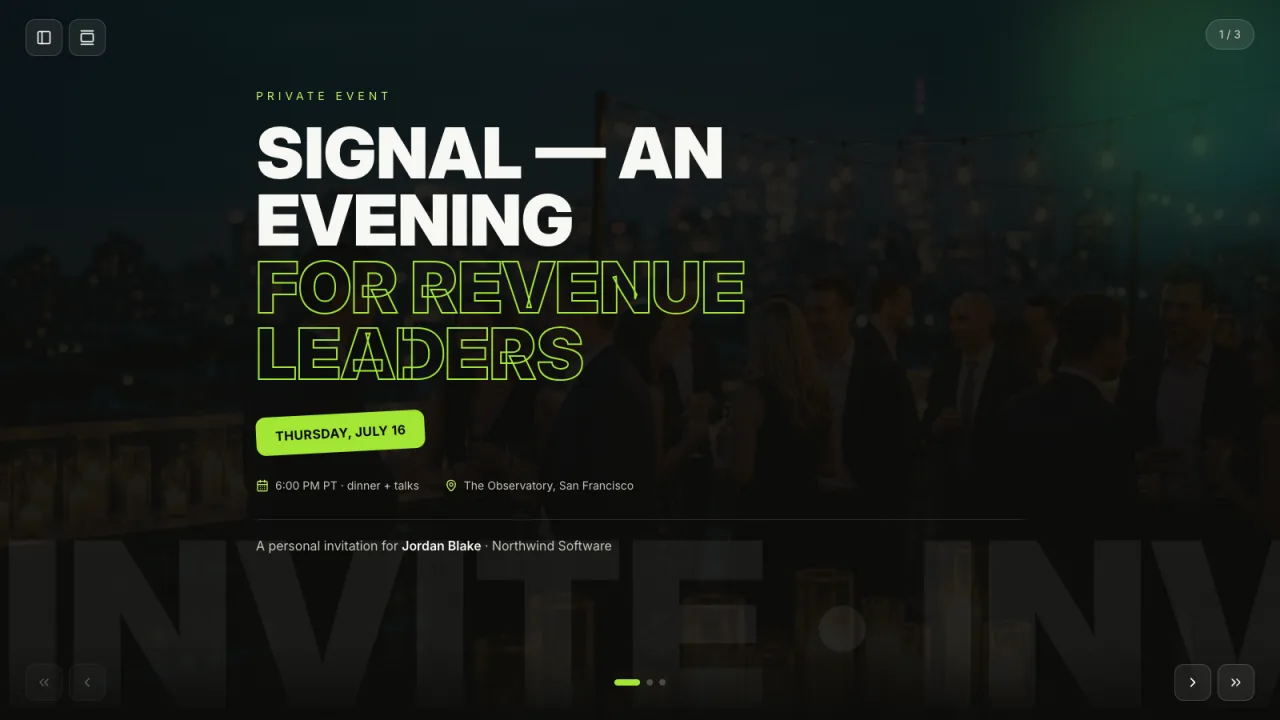 Event invitation — noir — The same personal invitation in a dark version: the program and an RSVP that saves the reply.